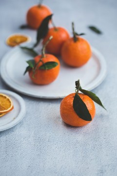 Branche et oranges coupées en quartiers et feuilles