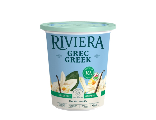 Maison Riviera Yogourt Grec Bio 25% Moins de Sucre 2% M.G. Vanille 650 g